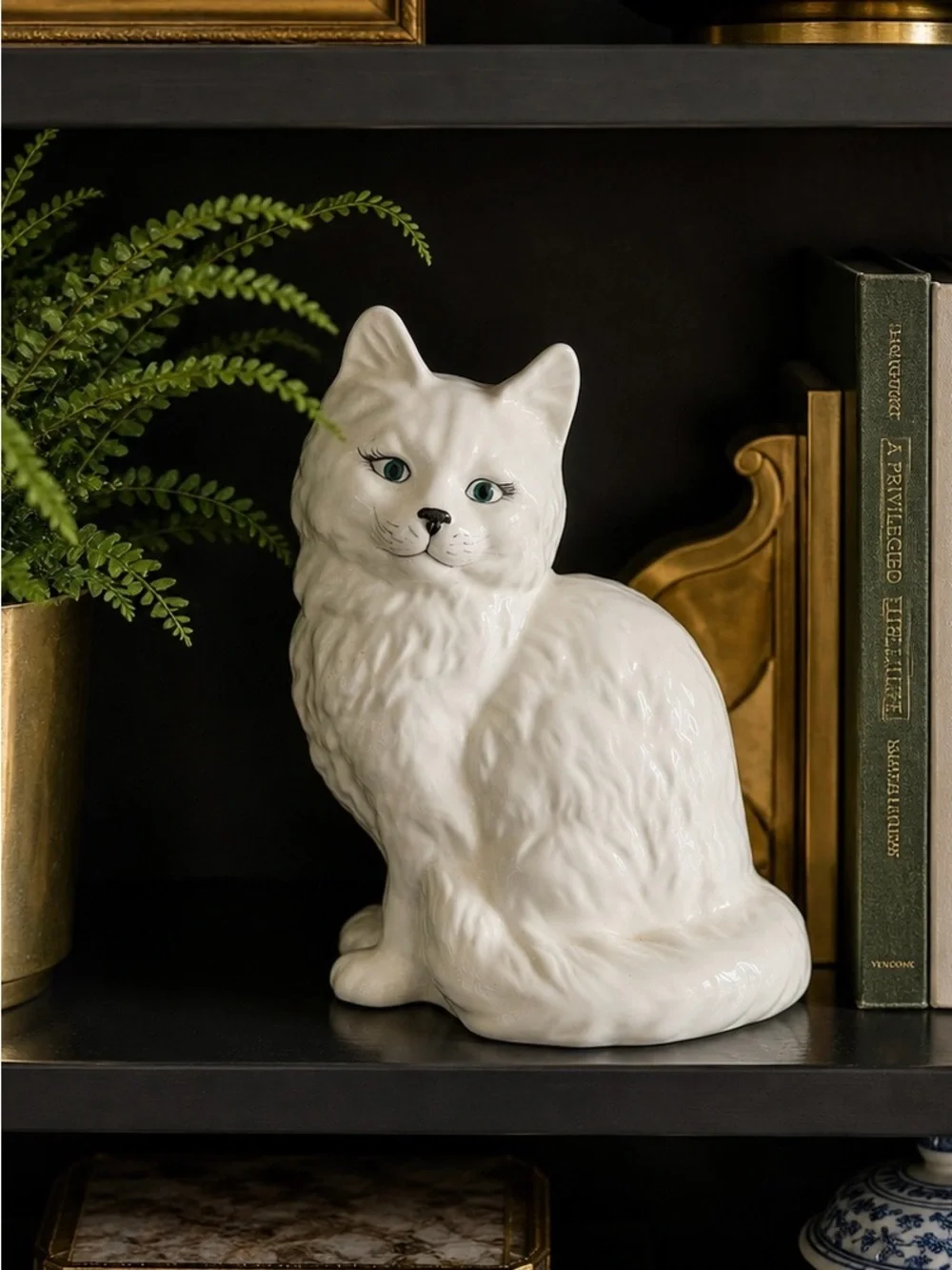Vintage 1975 White Ceramic Cat Figurine Green Eyes